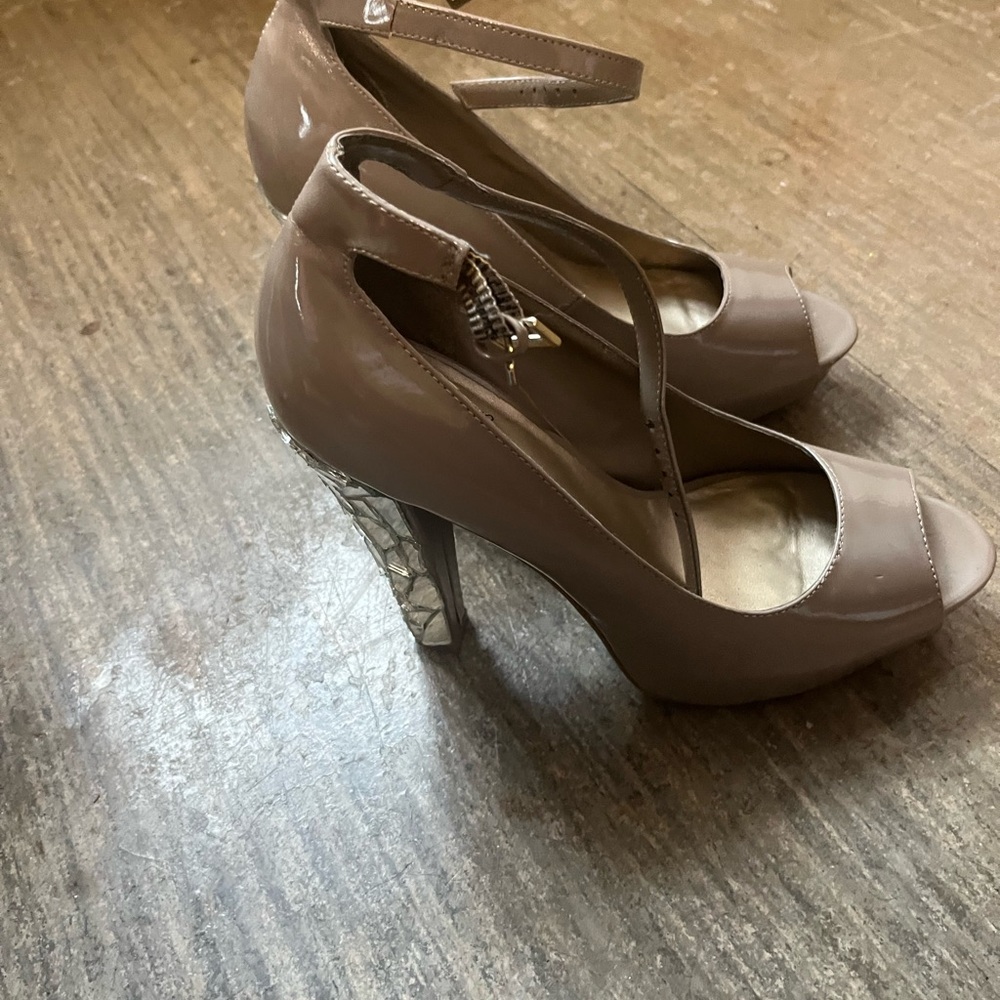 Guess Tan Peep-Toe Ankle Strap Heels